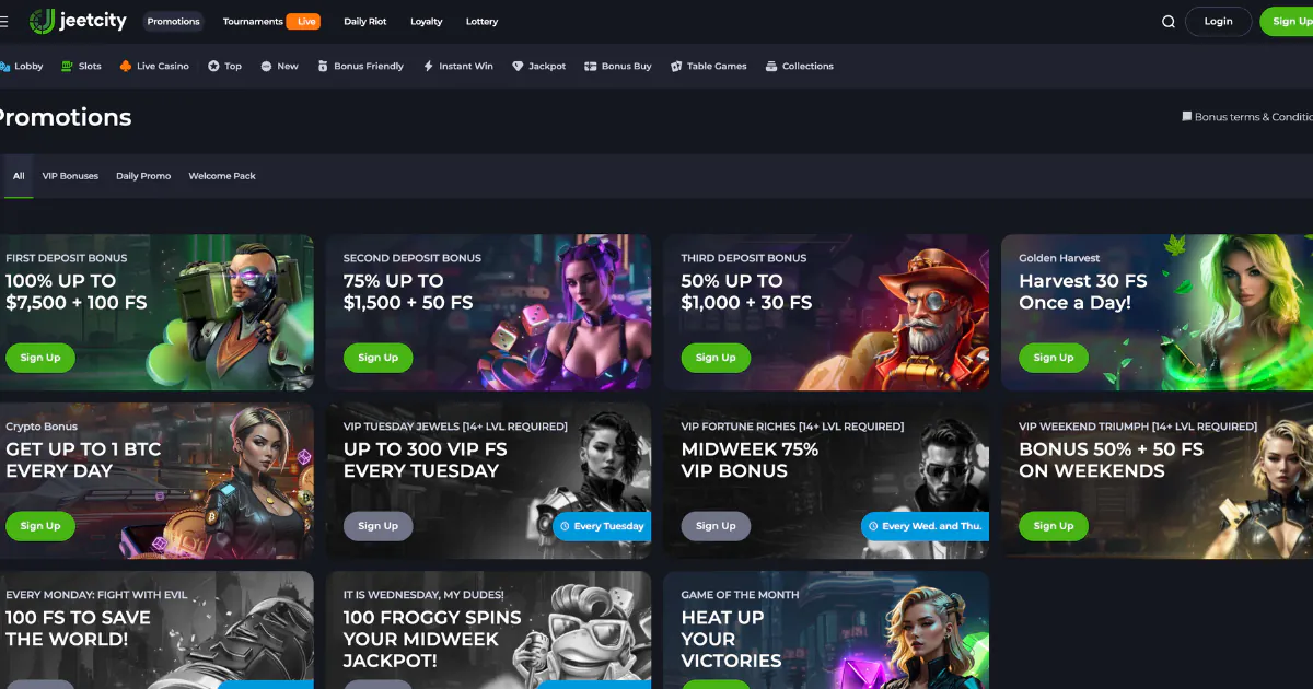 Screenshot of JeetCity Casino’s promotions page, showcasing various bonus offers, including first, second, and third deposit bonuses, crypto bonuses, and weekly rewards.