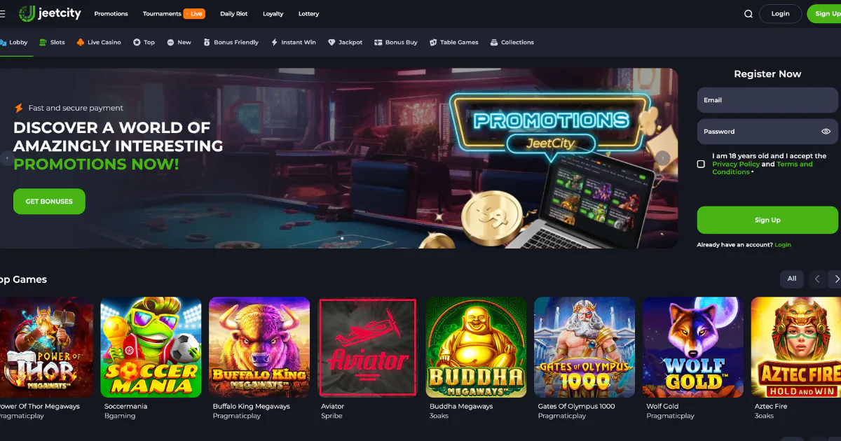 Screenshot of JeetCity Casino’s homepage, featuring popular games like Soccer Mania, Aviator, and Buddha Megaways, along with a promotional banner encouraging users to register and get bonuses.