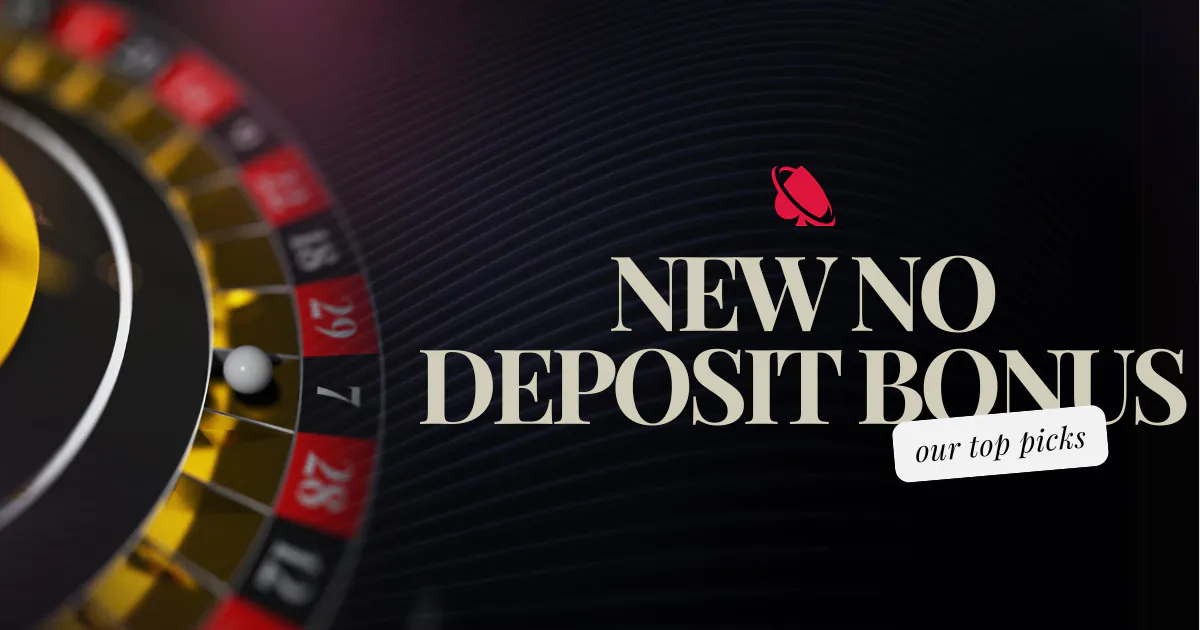 A promotional banner featuring a close-up view of a roulette wheel with a ball landing in one of the slots. On the right side of the banner, bold text reads “New No Deposit Bonus in Canada” with the subtitle “our top picks” displayed underneath. The logo of the casino is featured above the text on a dark, wavy background.