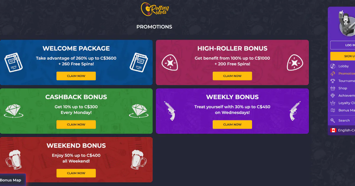 Rolling Slots Casino promotions page featuring various bonuses including a welcome package, high-roller bonus, cashback bonus, weekly bonus, and weekend bonus with colorful banners for each promotion.