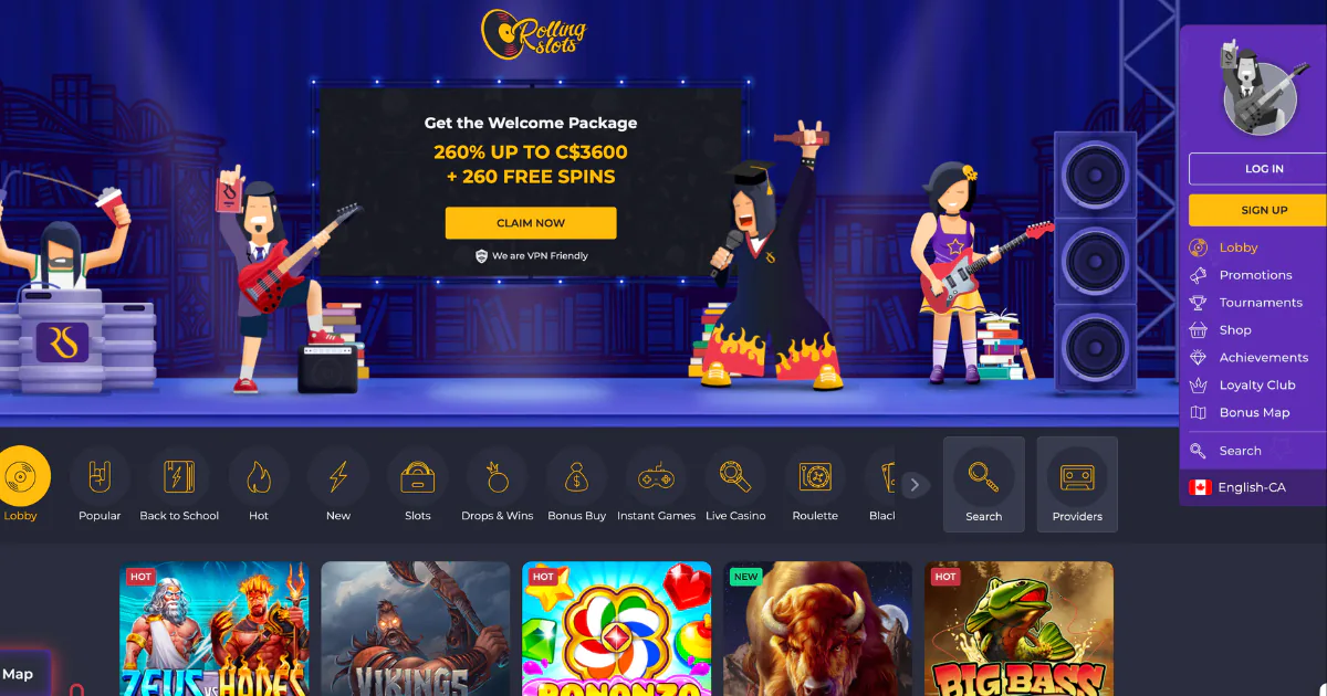 Rolling Slots Casino homepage with a rock band theme, offering a welcome package of 260% up to C$3600 plus 260 free spins, displayed with animated characters playing musical instruments.