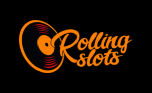 Wide version of the Rolling Slots logo with a vinyl record symbol and the text ‘Rolling Slots’ in orange.